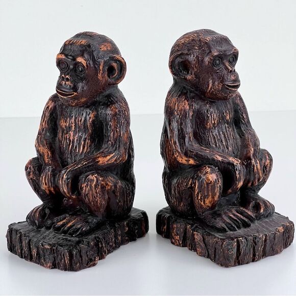 Monkey Bookends Heavy Resin Brushed Bronze Look 7" - Picture 2 of 10